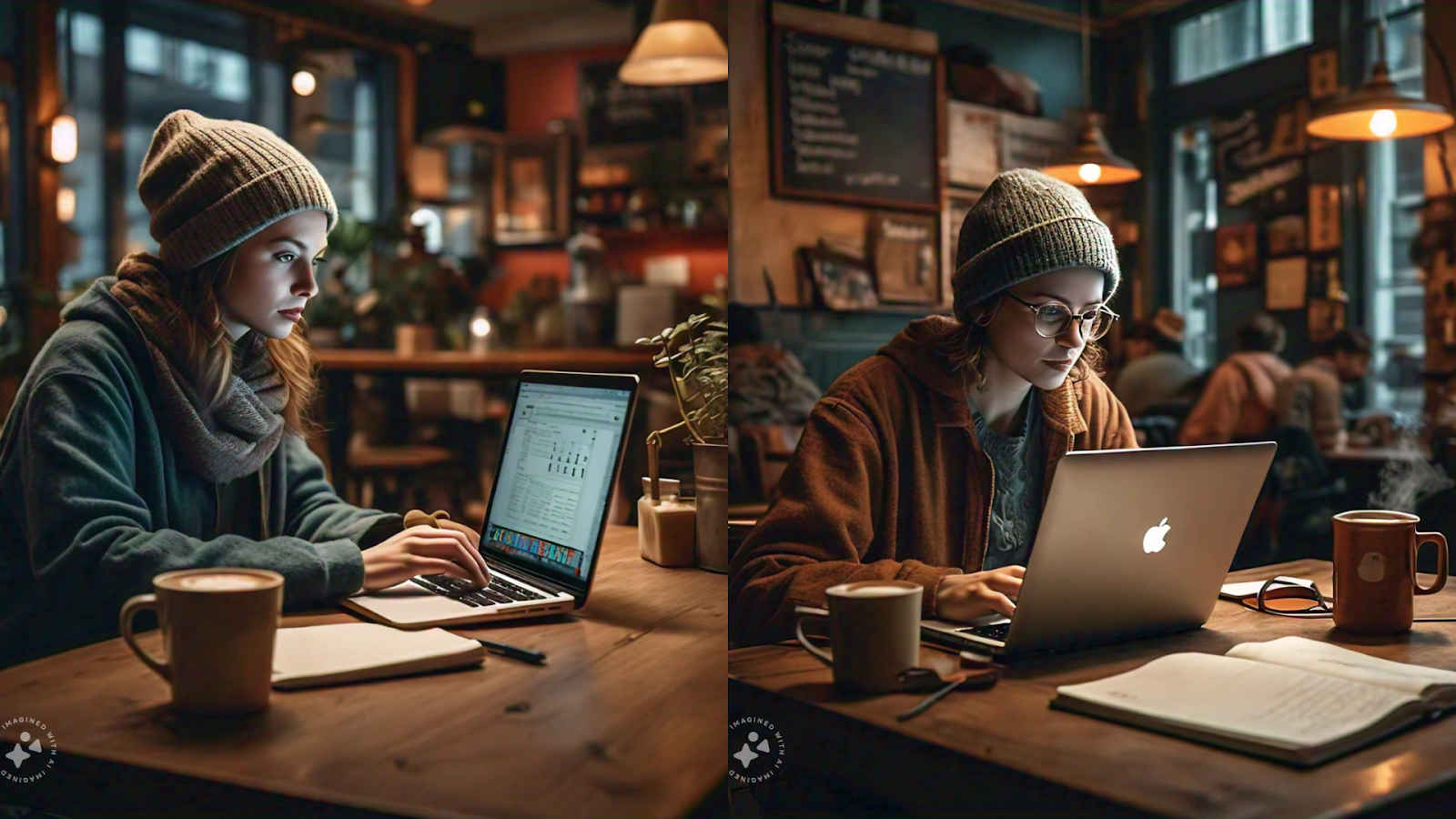 Digital nomad working in a cozy café with coffee and a notebook.