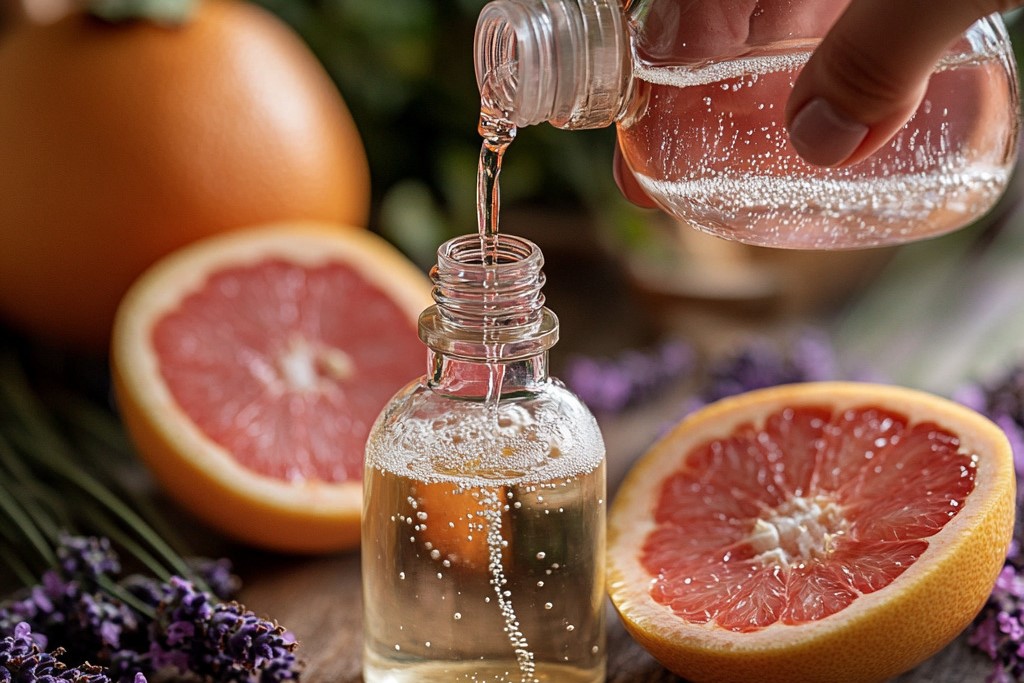 person pouring distilled water into essential oil body spray bottle