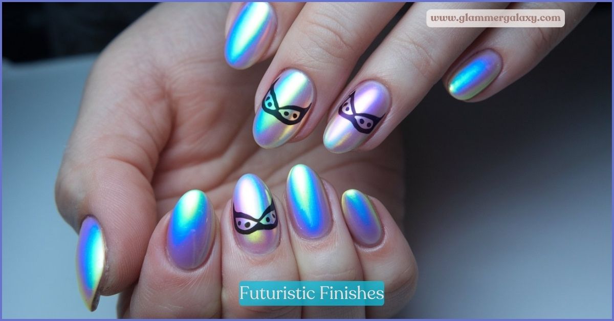 Holographic manicure with alien face designs on two nails