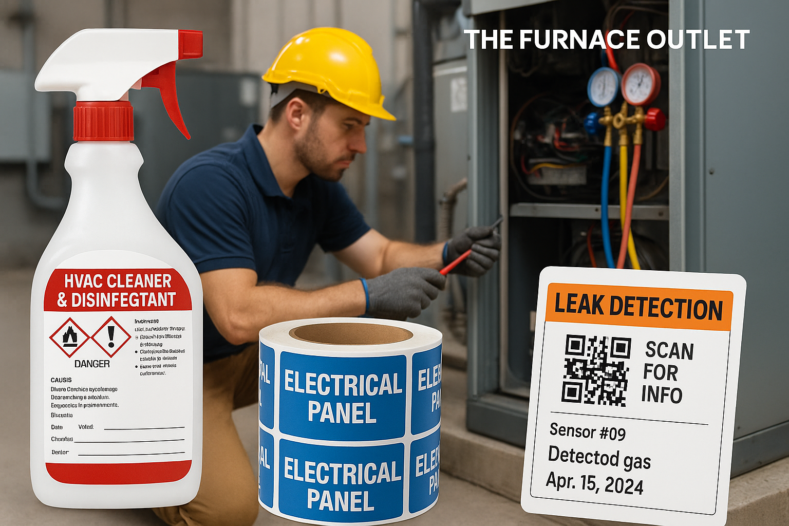 Photo collage of labeled refrigerant equipment in field settings, with QR-scannable labels and hazard symbols.