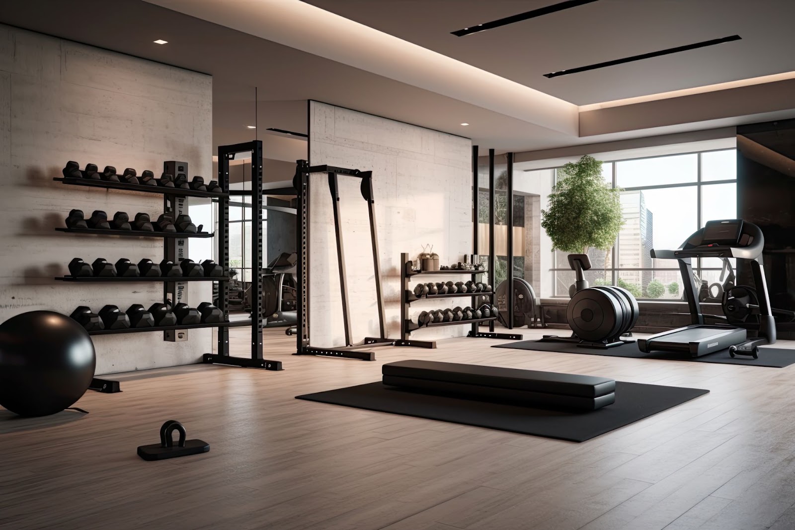 A gym room featuring black and white exercise equipment, showcasing a modern and minimalist fitness environment.
