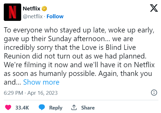 Netflix tweet apologizing to viewers for failed live stream of the Love Is Blind reunion in 2023. 