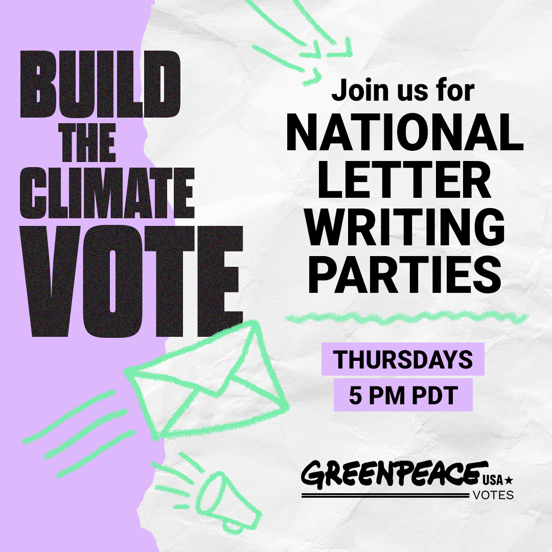 Graphic: Build the Cliimate Vote! Join us for NATIONAL LETTER WRITING PARTIES Thursdays 5pm PDT