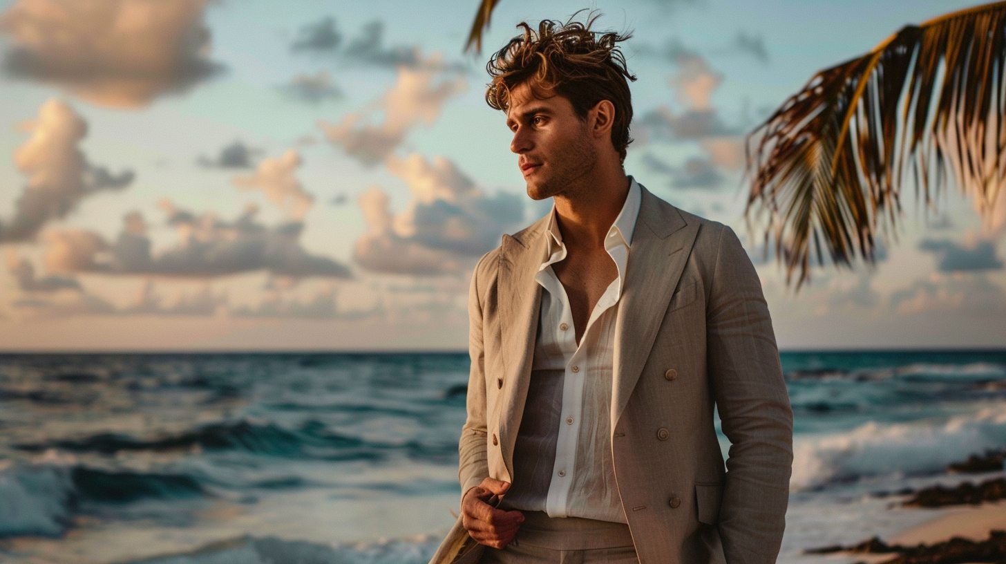 A man at a beach wedding wearing a beige or light grey linen suit, unstructured and breathable, no tie, relaxed yet elegant vibe, barefoot or in loafers, white linen shirt slightly unbuttoned, wind in hair, standing by the ocean with sunlit skies and palm trees