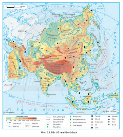 CHƯƠNG 2: CHÂU ÁBÀI 5: THIÊN NHIÊN CHÂU ÁVị trí địa lí, hình dạng và kích thước Châu ÁCâu hỏi: Dựa vào hình 5.1 và thông tin trong bài, em hãy:- Trình bày đặc điểm vị trí địa lí châu Á.- Nêu đặc điểm hình dạng và kích thước châu Á.Đáp án chuẩn:* Đặc điểm vị trí địa lí châu Á:- Lãnh thổ trên đất liền của châu Á kéo dài từ vùng cận cực Bắc tới Xích đạo, một số đảo và quần đảo kéo dài tới vĩ tuyến 10⁰N.- Tiếp giáp:+ Phía tây giáp châu Âu.+ Phía tây nam giáp châu Phi qua eo đất Xuy-ê.+ Phía bắc giáp Bắc Băng Dương.+ Phía đông giáp Thái Bình Dương.+ Phía nam giáp Ấn Độ Dương.* Đặc điểm hình dạng và kích thước của châu Á:- Hình dạng: có dạng khối rộng lớn, bờ biển bị chia cắt mạnh, có nhiều bán đảo, vịnh biển,…- Kích thước: châu Á là châu lục rộng lớn nhất thế giới với diện tích đất liền là 41,5 triệu km2, tính cả các đảo thì diện tích khoảng 44,4 triệu km2.Đặc điểm tự nhiên Châu ÁCâu 1: Dựa vào hình 5.1 và thông tin trong bài, em hãy:- Kể tên và xác định trên bản đồ các khu vực địa hình của châu Á.- Xác định khu vực phân bố các khoáng sản chính ở châu Á.- Trình bày ý nghĩa của đặc điểm địa hình, khoáng sản đối với việc sử dụng và bảo vệ tự nhiên.Đáp án chuẩn:* Châu Á có hai khu vực địa hình chính là núi, cao nguyên và sơn nguyên, cùng với khu vực đồng bằng. * Địa hình núi, cao nguyên và sơn nguyên thích hợp cho chăn nuôi và trồng cây đặc sản, nhưng cần bảo vệ khỏi sạt lở và xói mòn. Đồng bằng thích hợp cho nông nghiệp và đô thị hóa. Câu 2: Dựa vào hình 5.2 và thông tin trong bài, em hãy:- Kể tên các đới và kiểu khí hậu ở châu Á.- Cho biết khí hậu châu Á phân hoá như thế nào? Kiểu khí hậu nào là phổ biến nhất?Đáp án chuẩn:- Đới khí hậu cực và cận cực- Đới khí hậu ôn đới: ôn đới lục địa, ôn đới gió mùa, ôn đới hải dương- Đới khí hậu cận nhiệt: Cận nhiệt địa trung hải, cận nhiệt lục địa, cận nhiệt gió mùa, khí hậu núi cao. - Đới khí hậu nhiệt đới: nhiệt đới khô, nhiệt đới gió mùa. Câu 3: Dựa vào hình 5.1 và thông tin trong bài, em hãy.- Kể tên một số sông và hồ lớn ở châu Á.- Trình bày đặc điểm sông ngòi châu Á.- Nêu ý nghĩa của sông, hồ đối với việc sử dụng và bảo vệ tự nhiên.Đáp án chuẩn:*Sông và hồ lớn ở châu Á:- Sông: Ô-bi, Hoàng Hà, Trường Giang, Mê Công, Ấn Độ, Hằng Hà,...- Hồ: Bai-can, Ca-xpi, A-ran, Ban-khat,...*Đặc điểm sông ngòi châu Á:- Châu Á có nhiều hệ thống sông lớn nhất thế giới, nhưng phân bố không đồng đều.- Sông ở khu vực mưa nhiều (Đông Á, Đông Nam Á, Nam Á) có lượng nước lớn, biến động theo mùa lũ và mùa cạn.*Ý nghĩa của sông, hồ đối với việc sử dụng và bảo vệ tự nhiên:- Sông hỗ trợ thủy điện, du lịch, đánh bắt và nuôi trồng thủy sản, và là tuyến giao thông đường thủy. Tuy nhiên, mùa mưa thường gây lũ lụt.- Hồ giúp điều hòa khí hậu, tạo cảnh quan thiên nhiên và là môi trường sống cho nhiều loài sinh vật.Câu 4: Dựa vào hình 5.1, hình 5.2 và thông tin trong bài, em hãy:- Trình bày sự phân hóa của các đới thiên nhiên châu Á.- Cho biết trong việc khai thác và sử dụng các đới thiên nhiên cần chú ý vấn đề gì để bảo vệ môi trường.Đáp án chuẩn:1. Đới lạnh: phía bắc châu lục. Thời tiết khắc nghiệt, gió mạnh. 2. Đới ôn hòa: chiếm diện tích lớn nhất. 3. Đới nóng: Vùng khí hậu gió mùa, xích đạo.Việc khai thác và sử dụng các đới thiên nhiên cần chú ý bảo vệ và phục hồi rừng để bảo vệ môi trường.Luyện tập – Vận dụng