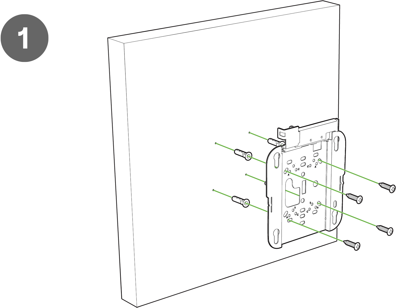 Image depicting installation of the universal mounting bracket to the wall/ceiling