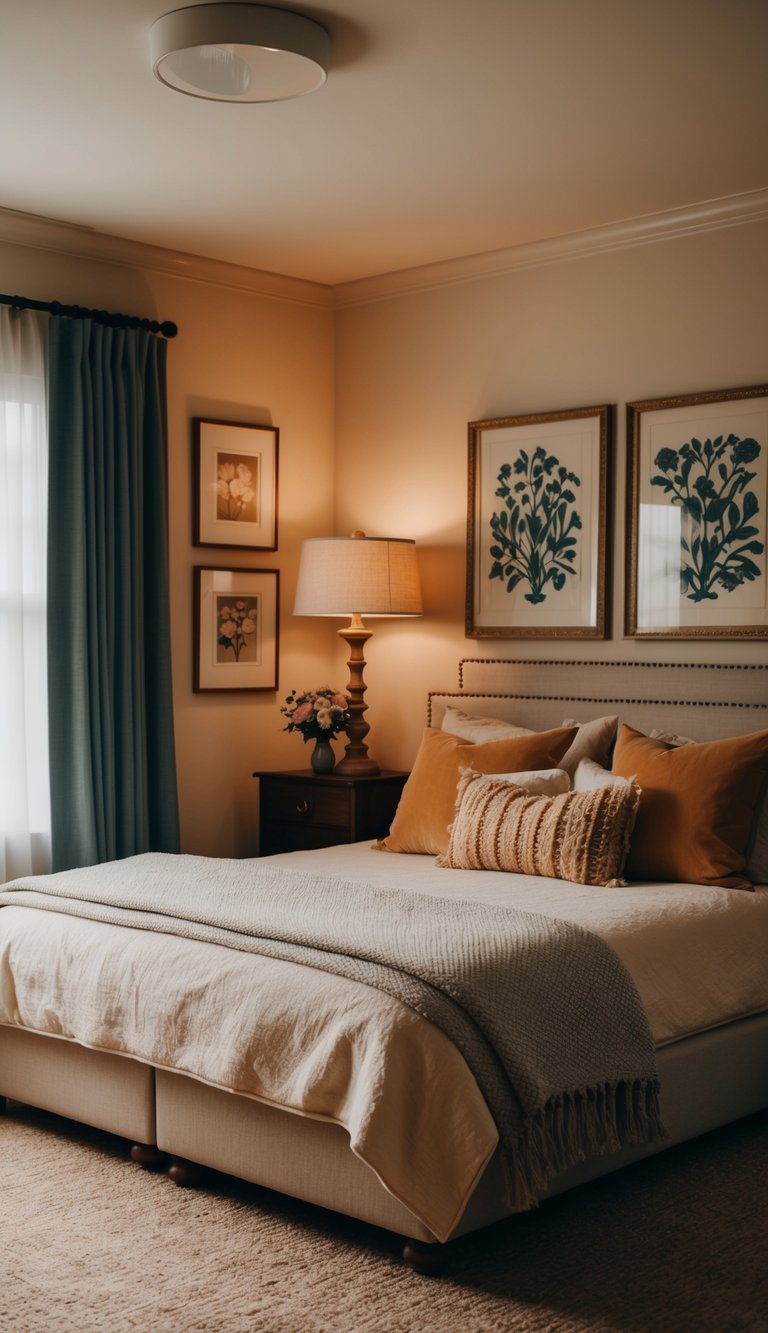 A warm, cozy bedroom with vintage wall art, soft lighting, and comfortable furnishings