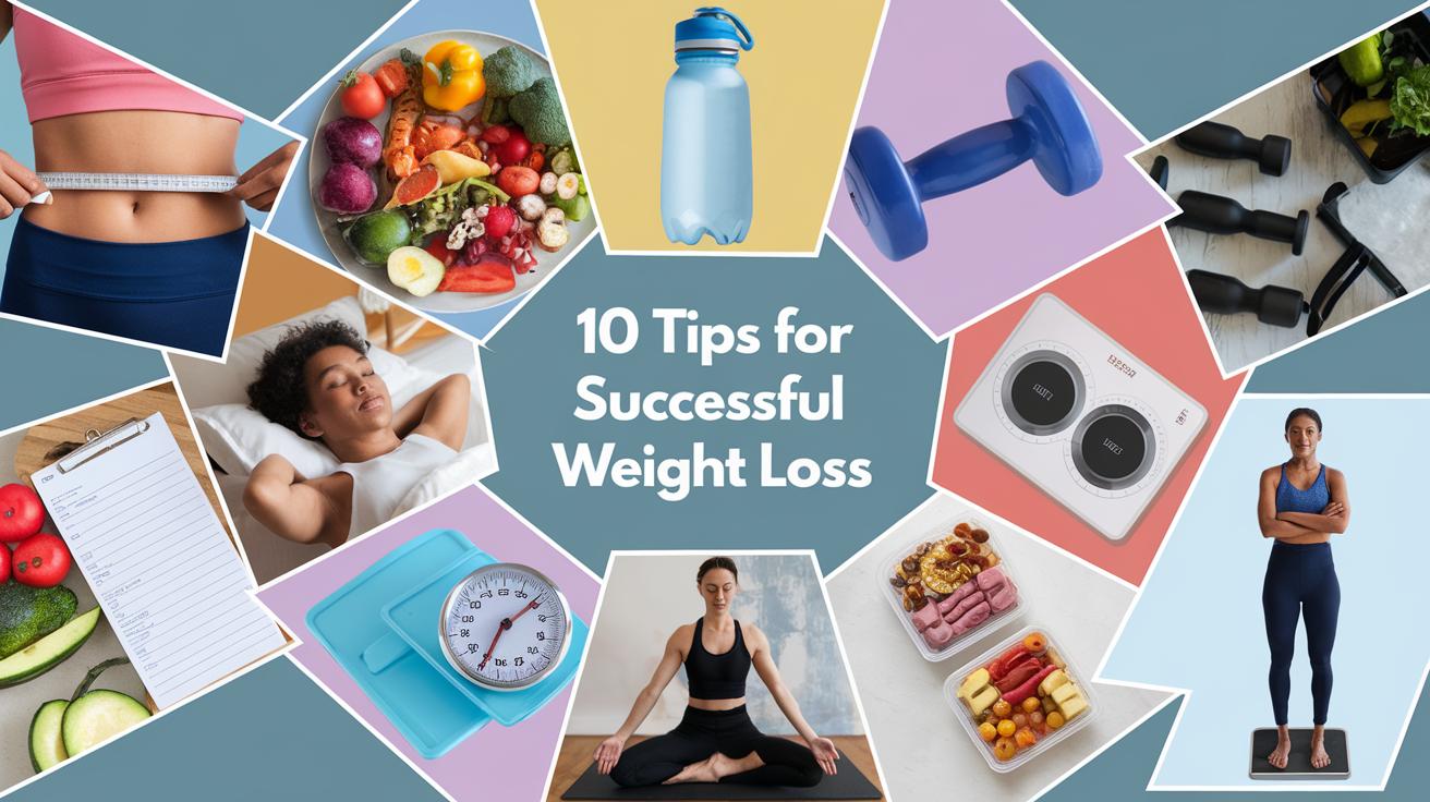 Create a realistic image of a collage featuring 10 distinct panels, each representing a weight loss tip: a person measuring their waist, a plate of colorful vegetables, a water bottle, a set of dumbbells, a person sleeping peacefully, a grocery list, a kitchen scale, a person doing yoga, a meal prep container, and a person standing confidently on a weighing scale. The panels are arranged in a circular pattern against a light blue background with the text "10 Tips for Successful Weight Loss" in the center.