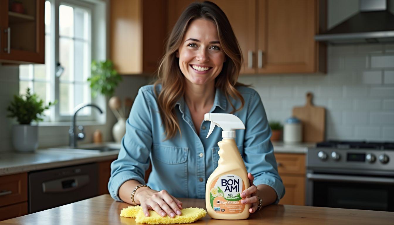 A woman cleans her kitchen countertops with BON AMI natural cleaner.