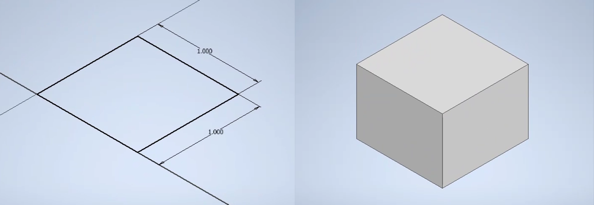On left of image is profile of a cube; on the right is a solid cube.