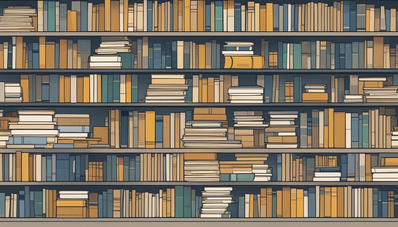 A stack of unsold books sits on a dusty shelf, their covers featuring niche topics and outdated information. The Amazon logo is faintly visible on the corner of each book