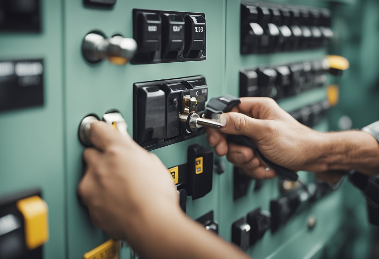 A worker attaching a lock to a machine's power switch, while another worker attaches a tag to indicate it's out of service