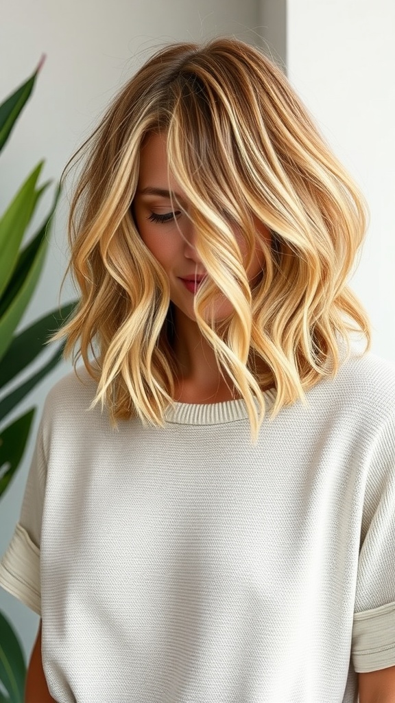 A woman with a wavy lob hairstyle featuring subtle highlights, looking stylish and relaxed.
