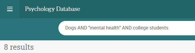 screenshot of a ProQuest database showing a search for "dogs and mental health and college students" with only 8 results.