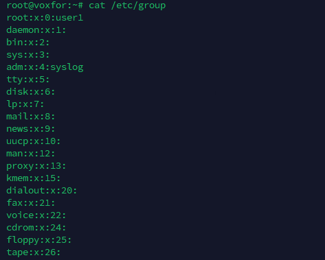 Output of cat /etc/group showing group information and members