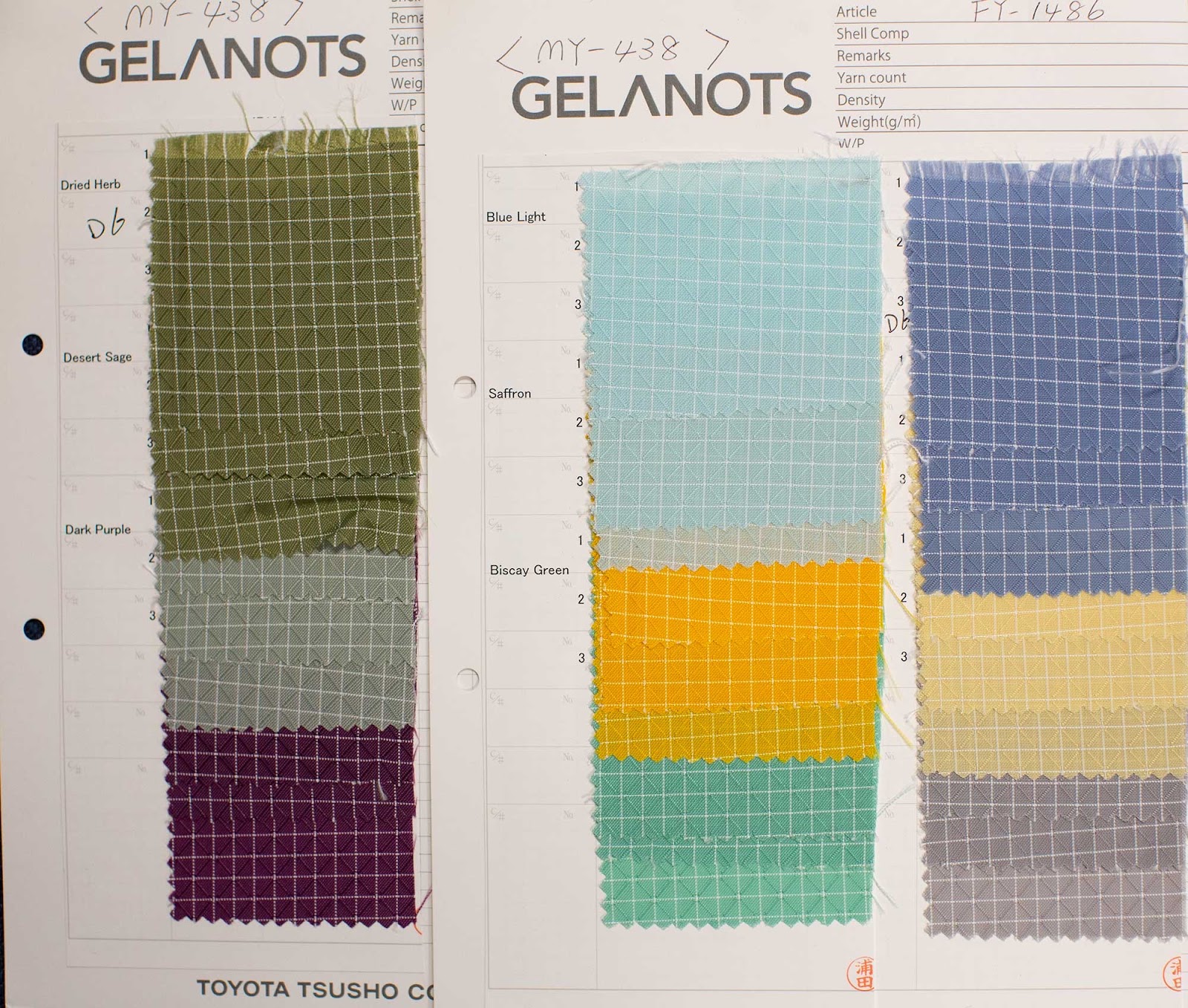 A collection of 200d Halcyon samples in green, purple, cyan, blue, yellow, and beige