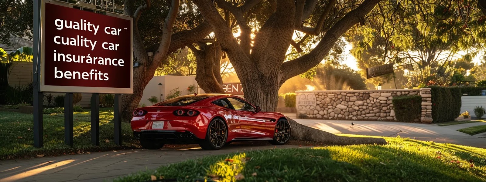 a shiny red sports car parked under a tree with a sign that reads 