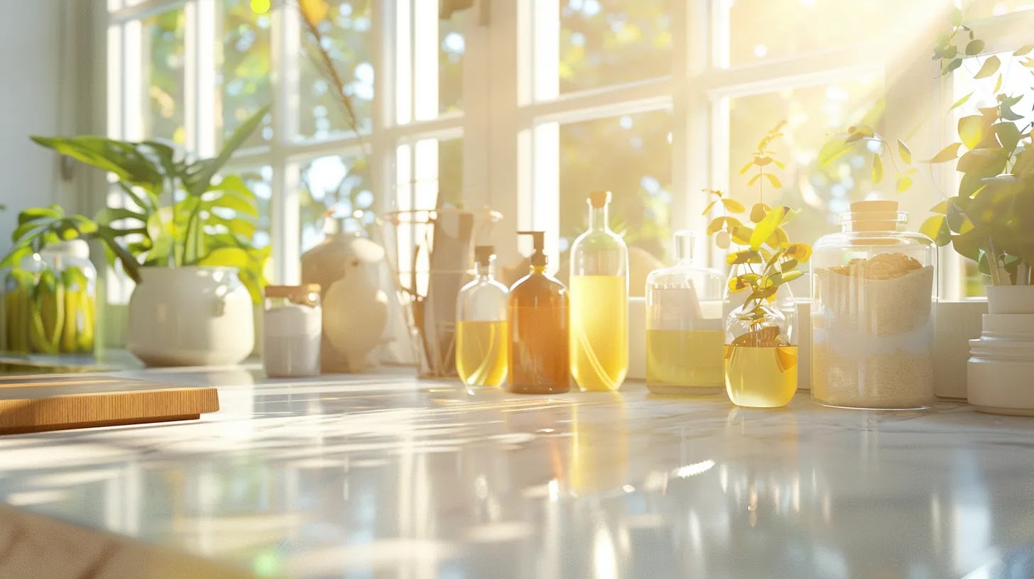 a bright and modern kitchen with gleaming surfaces showcases an array of diy natural cleaning products, including glass bottles of vinegar and baking soda, while a diffuser releases refreshing essential oils amidst an immaculate, chemical-free environment.