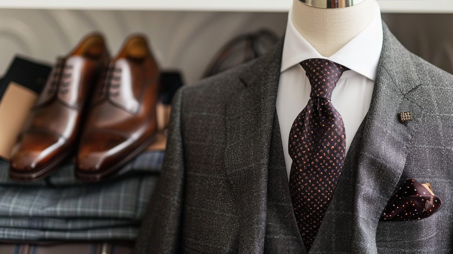 Create a polished, formal outfit using a charcoal or dark grey suit paired with dark brown or oxblood shoes. Style it for a fall or winter event. Add a crisp white shirt, a deep-toned tie (like burgundy or navy), and a pocket square. The look should feel rich, mature, and elegant