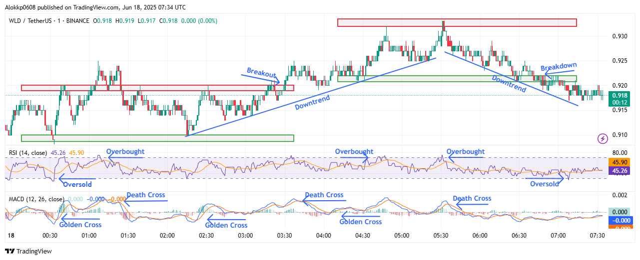 WLD/USDT M-1 Chart, Analyzed by Alokkp0608, published on June 18th, 2025.