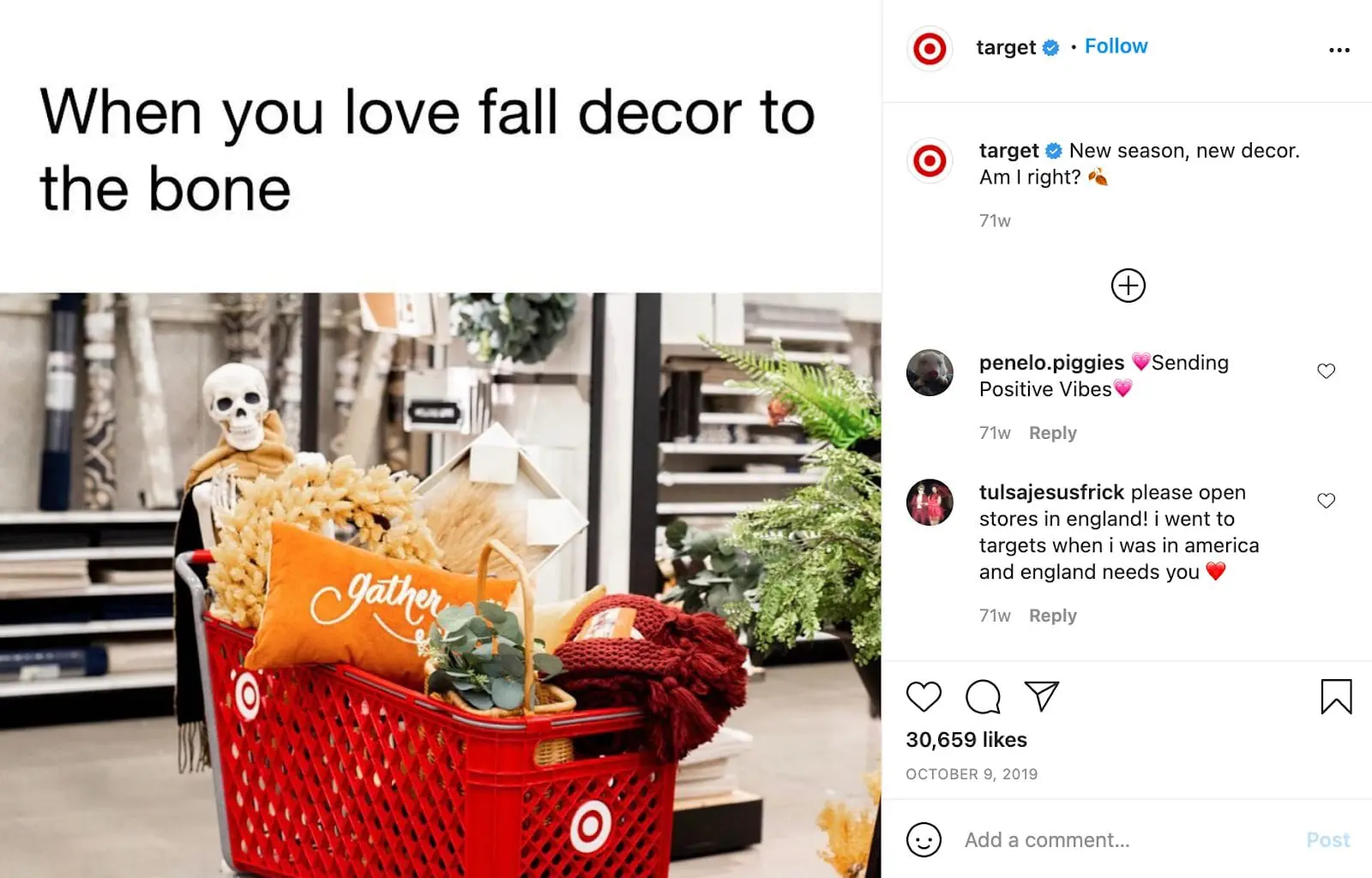 Screenshot of witty Target social media post for fall decor