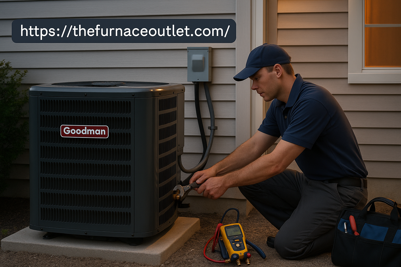 An HVAC technician installs a Goodman 3-ton air conditioner outside a home at dusk, using professional tools, with The Furnace Outlet branding in view.