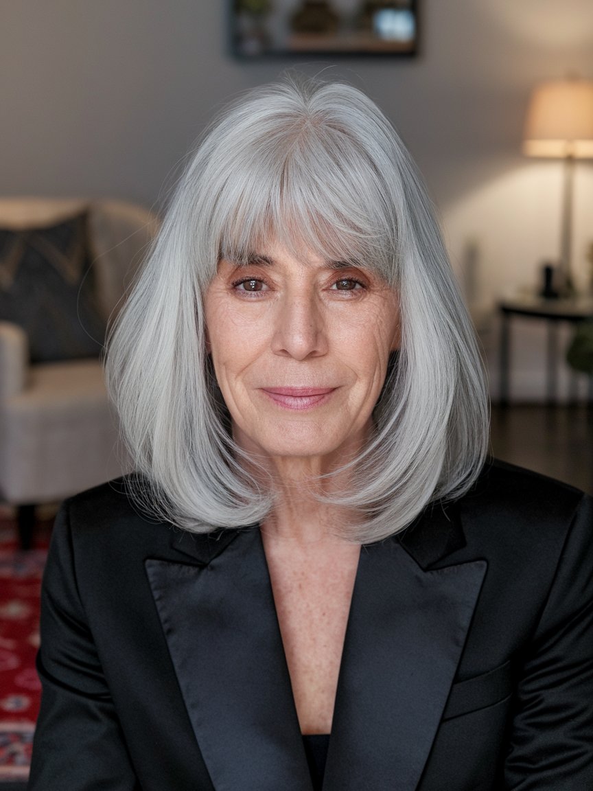 16. Silver Lob with Face Framing Bangs