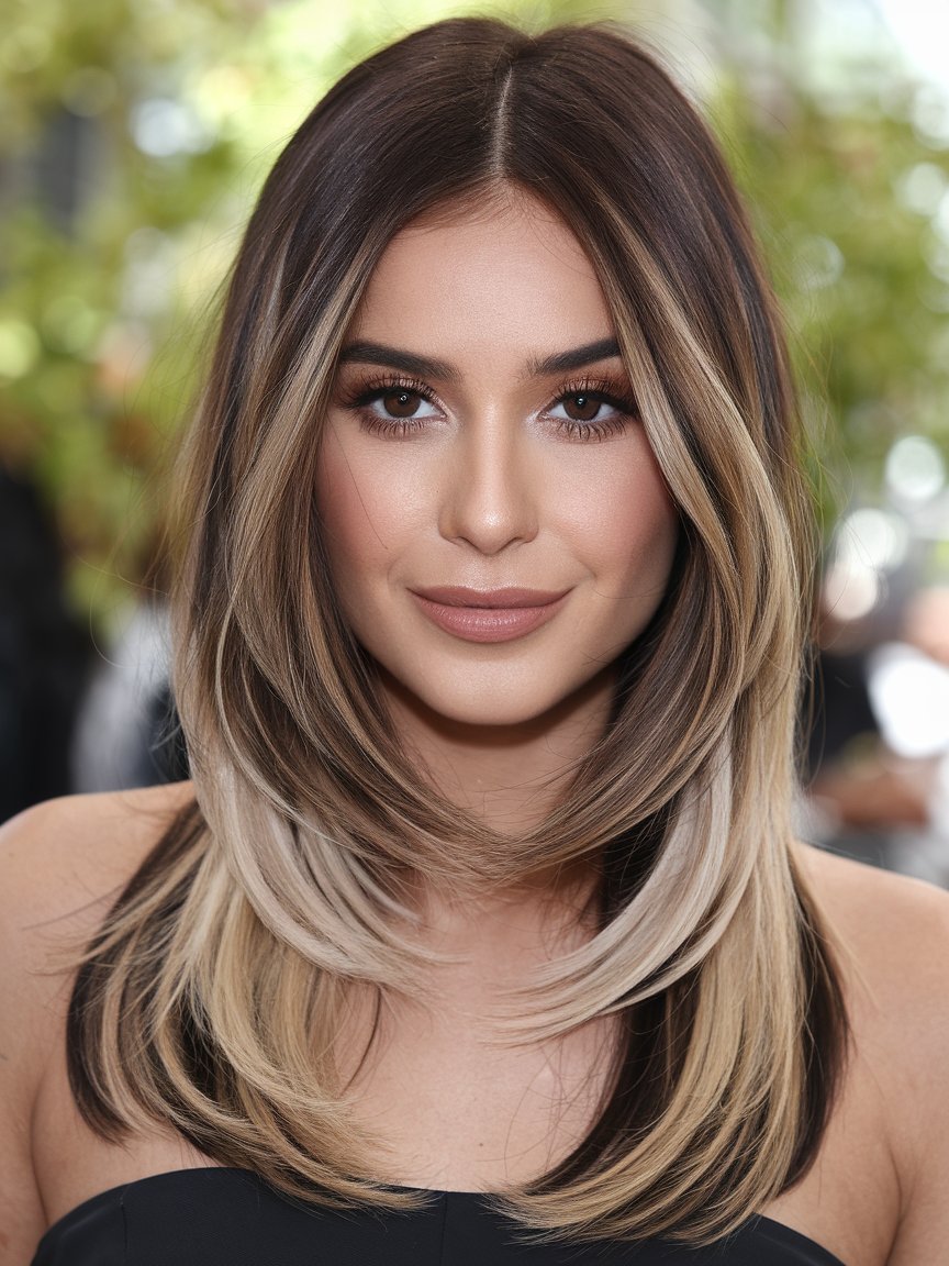 29. Straight Sleek Brown with Beige Blonde Streaks