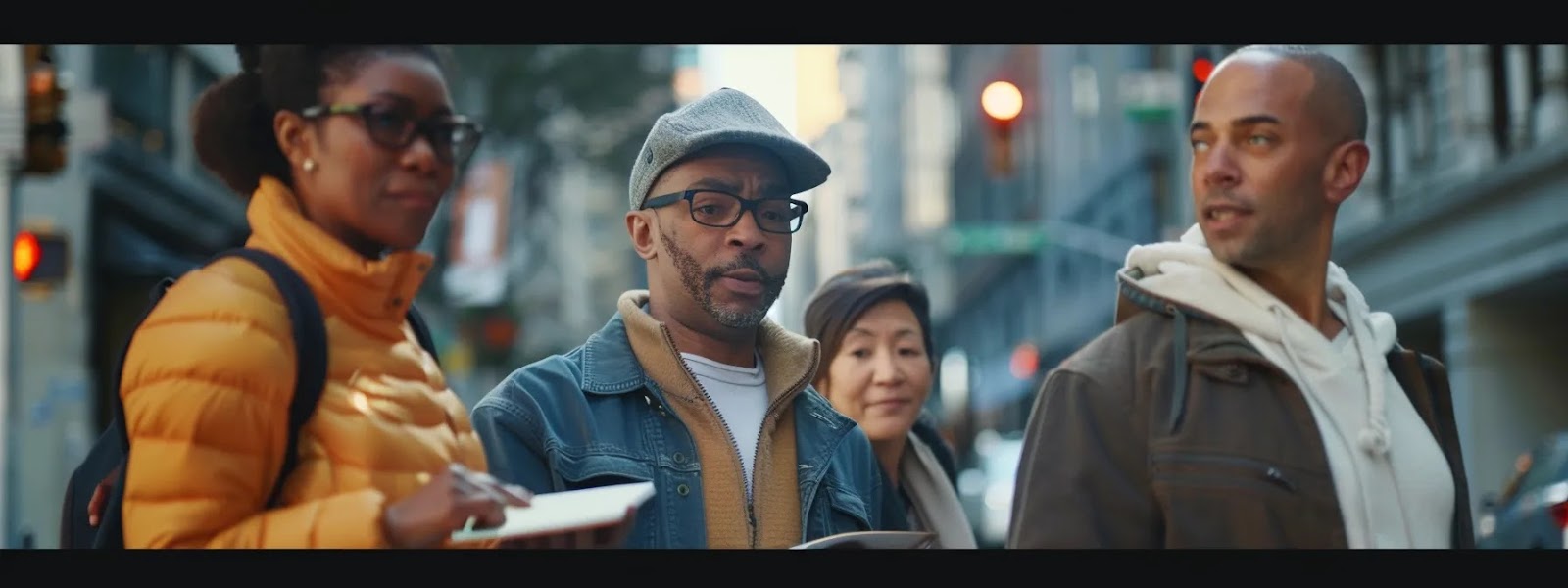 a diverse group of individuals comparing car insurance quotes in a bustling city street.