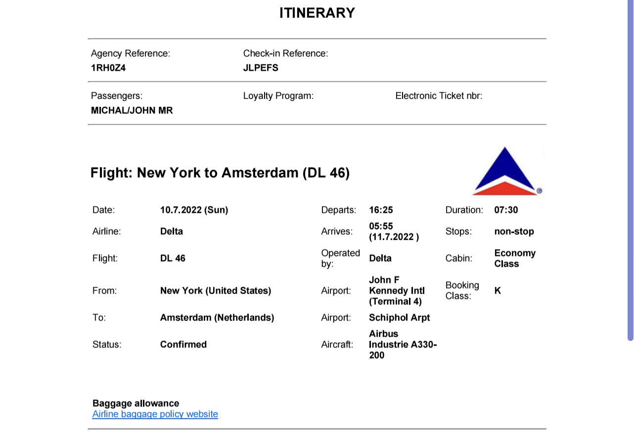 sample for Schengen visa flight itinerary