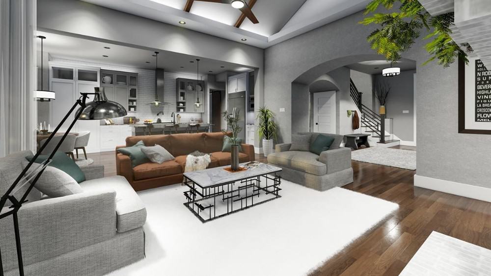 Family room with comfy fabric seat and a contemporary coffee table sitting on the shaggy area rug.