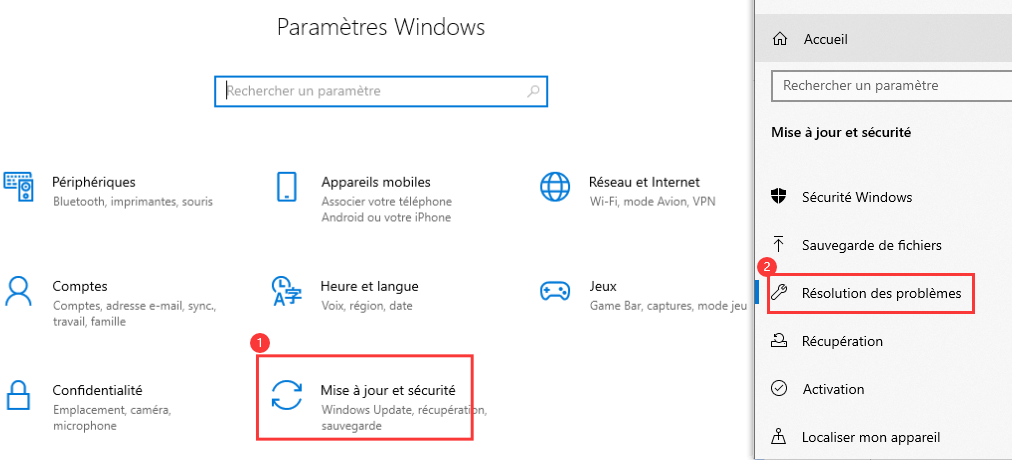 Résolution des problèmes dans paramètre windows