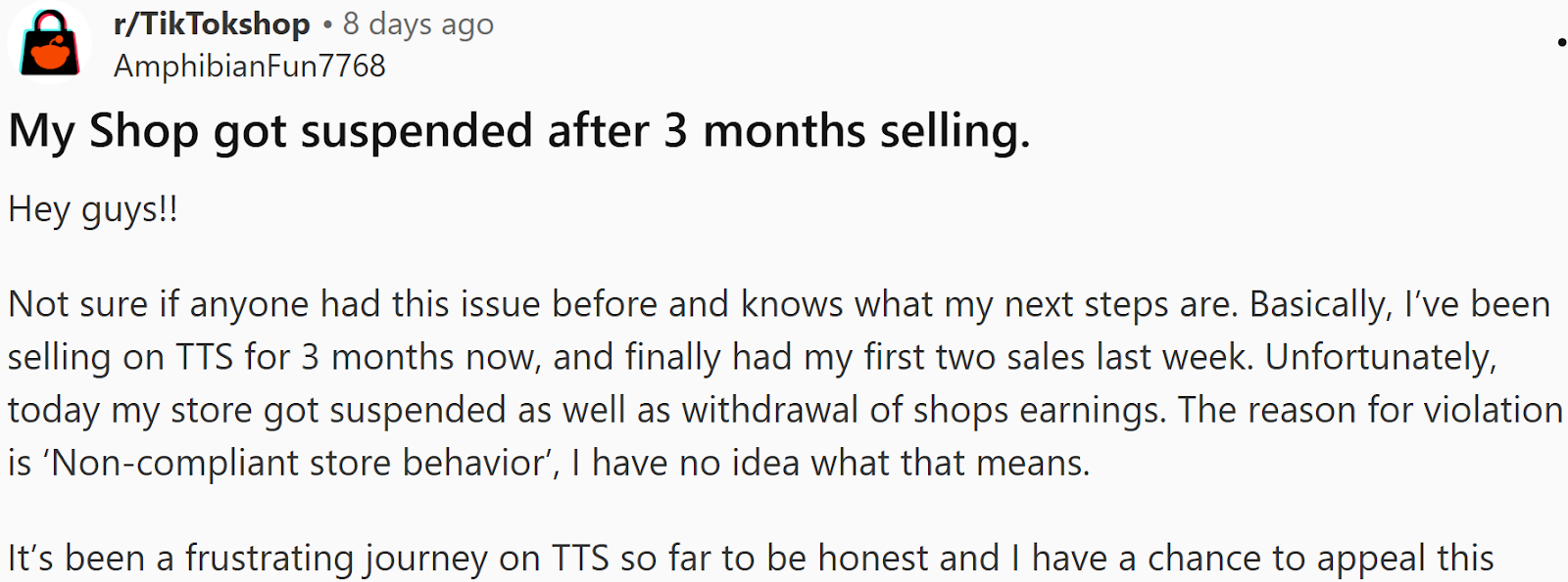 TikTok Shop account suspension Reddit
