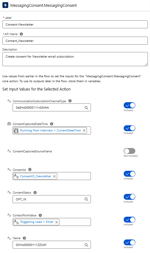 A screenshot of the Configured Action Element of the Flow.