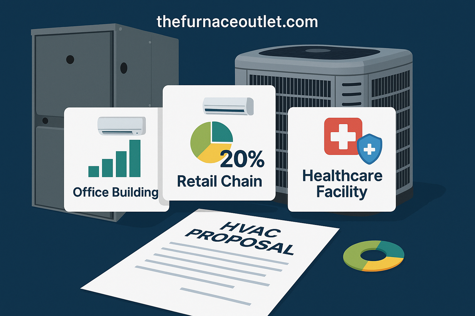 A branded image for The Furnace Outlet showcasing real-world HVAC bidding success with a furnace, AC unit, and three illustrated project cards labeled Office Building, Retail Chain (20% savings), and Healthcare Facility—set beside an HVAC proposal document and pie chart, all against a clean dark blue background.