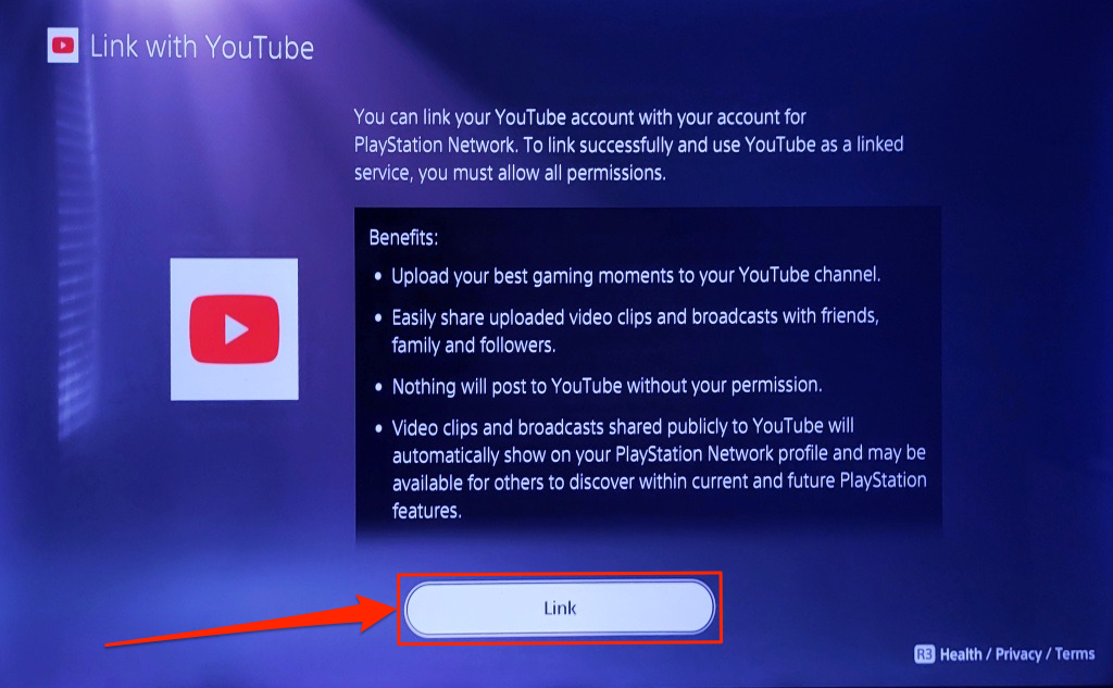 Steps to link YouTube account to the PlayStation 5