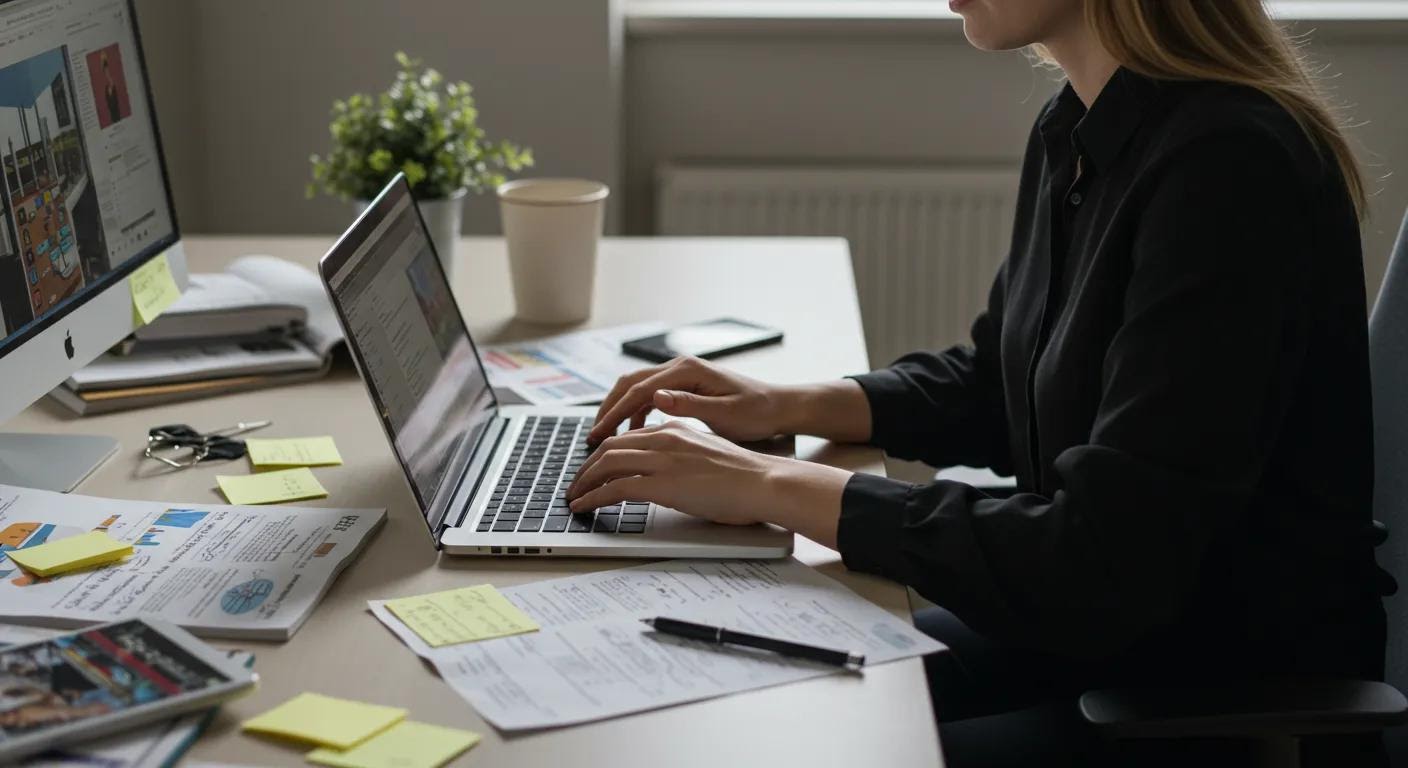 a dynamic office scene showcases a focused professional typing an engaging guest post on a sleek laptop, surrounded by prominent industry publications and notes, conveying authority in digital marketing.