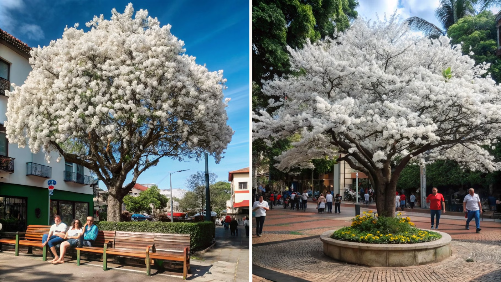 Ipê-branco florido em uma praça, exibindo flores elegantes e delicadas.