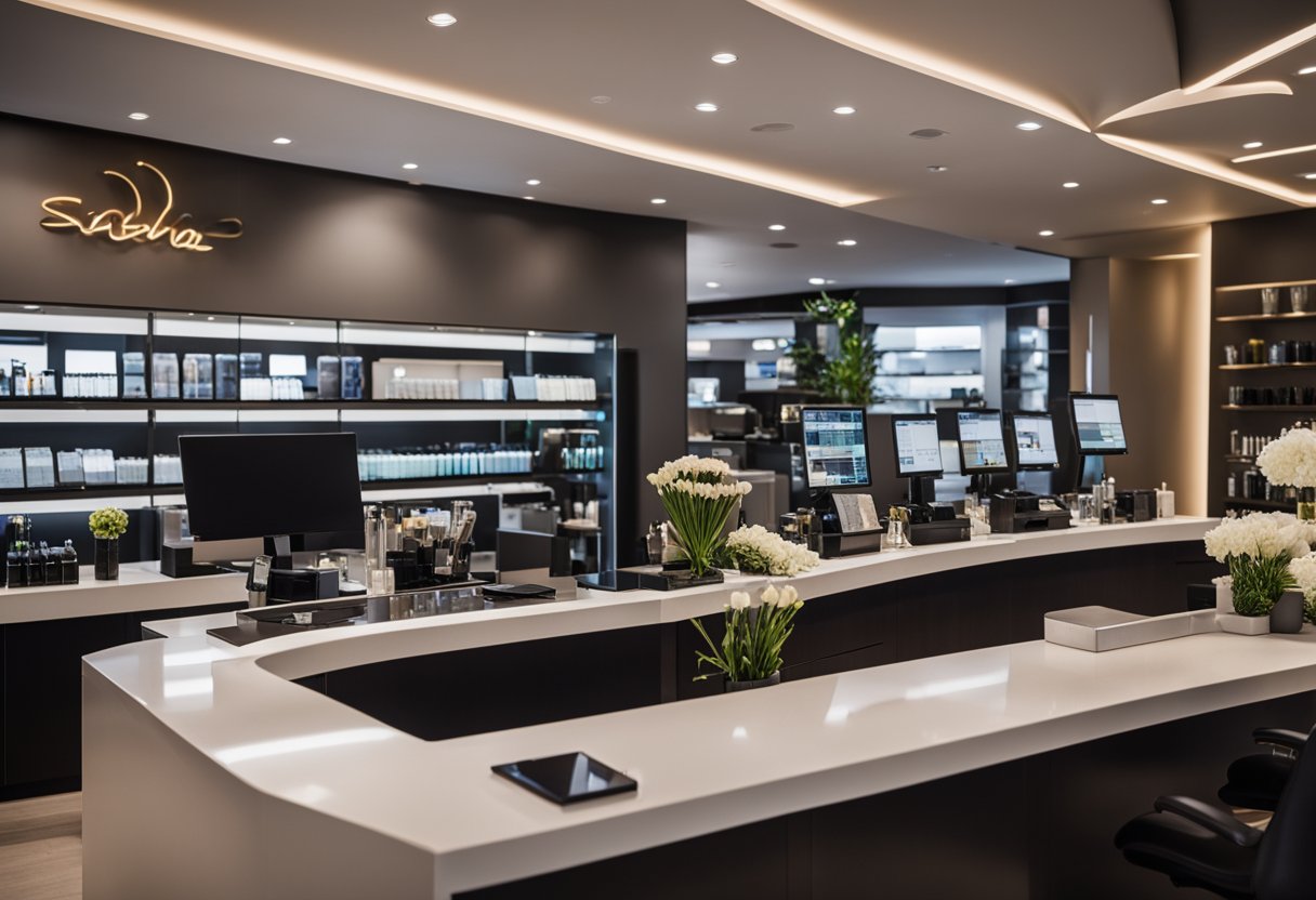 A busy salon with a sleek, modern point of sale system at the front desk, staff assisting customers, and a clean, organized retail display