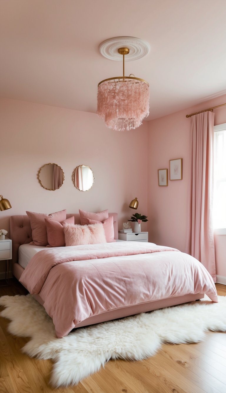 A cozy pink bedroom with a faux fur rug, soft lighting, and 22 pink-themed decor ideas