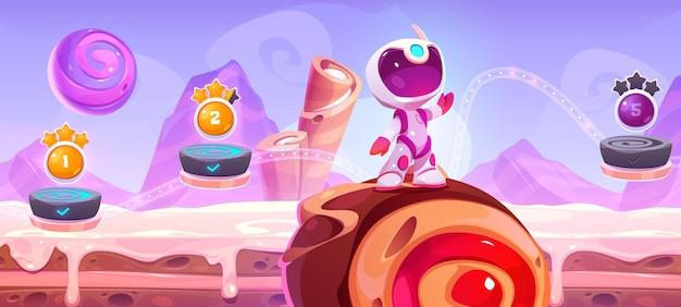 Candy game level map with road in sky cartoon illustration Food space background and galaxy world design Colorful funny ui app concept with chocolate in cosmos User progress interface screen