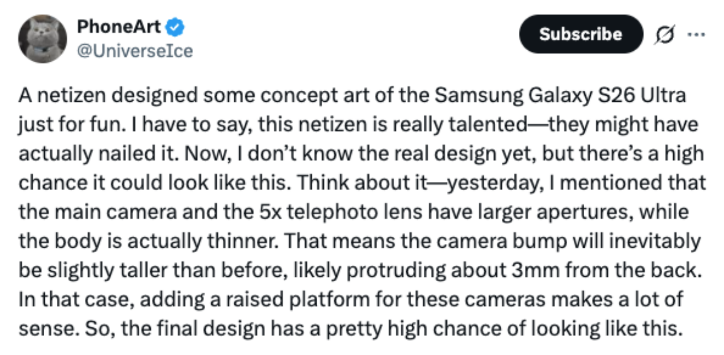 三星Galaxy S26 Ultra 渲染圖流出！鏡頭、設計大升級