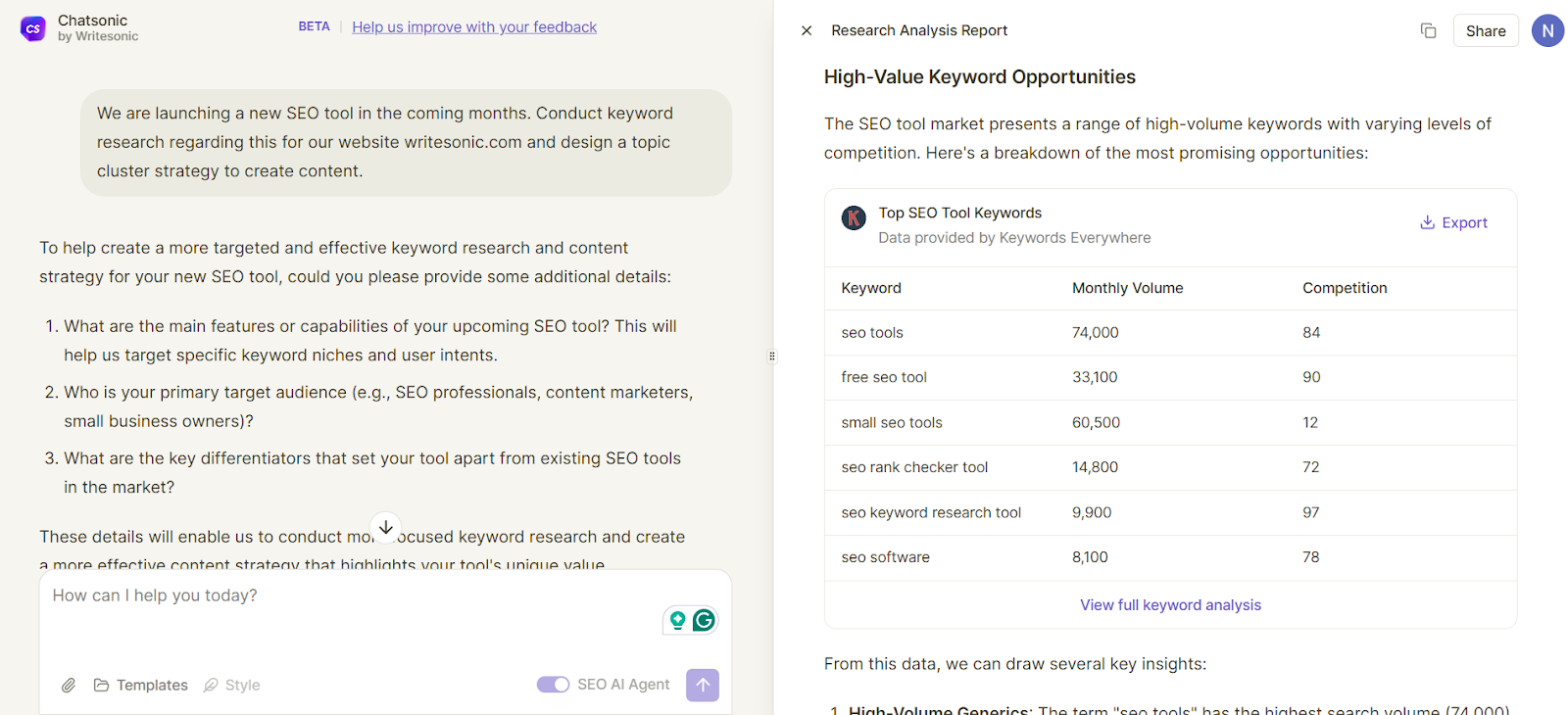 Chatsonic can help with keyword research.