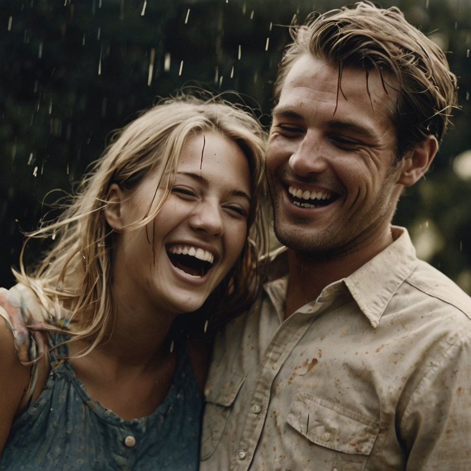 A faded, nostalgic photograph of a couple laughing together, slightly torn or blurred at the edges, symbolizing how memories are distorted over time