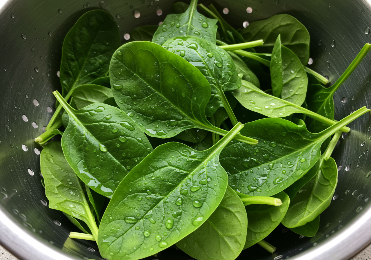 A photorealistic shot capturing fresh, vibrant green spinach leaves in a colander or bowl, with water droplets visible, emphasizing the crisp texture and nutrient-rich appearance of the leaves.