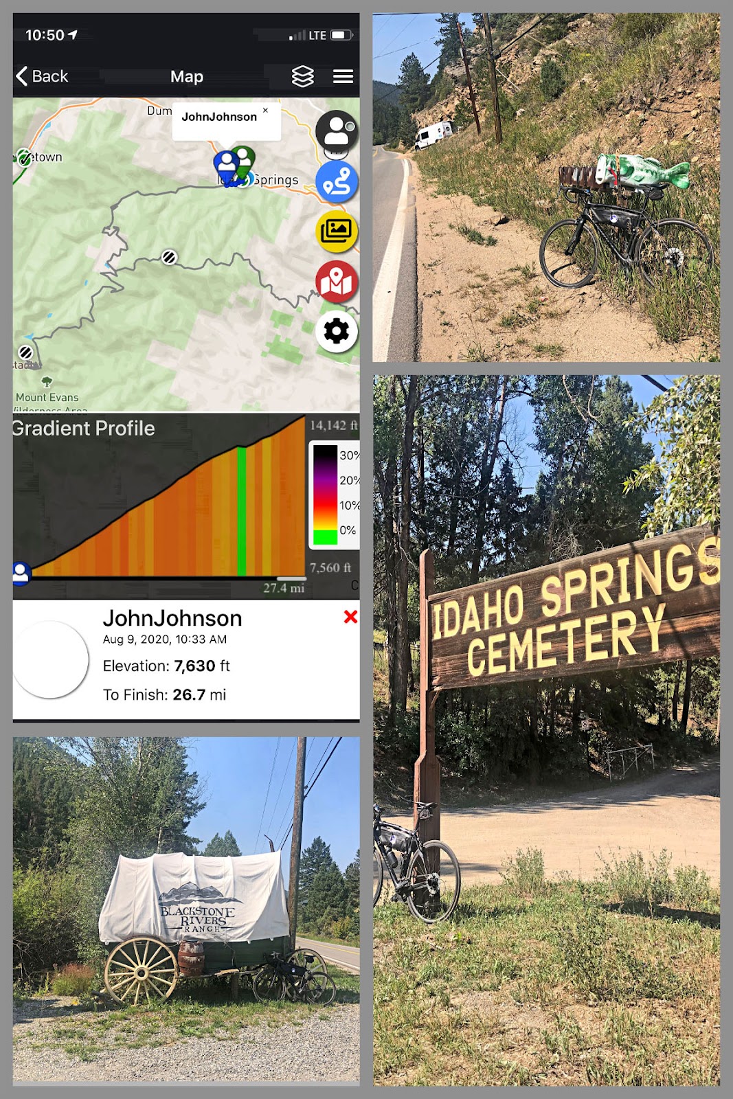 Cycling Mt. Evans, Colorado - photo collage, climb map and gradient, bike parked in grass along road side, sign for Idaho Springs Cemetery, white covered wagon along side of road