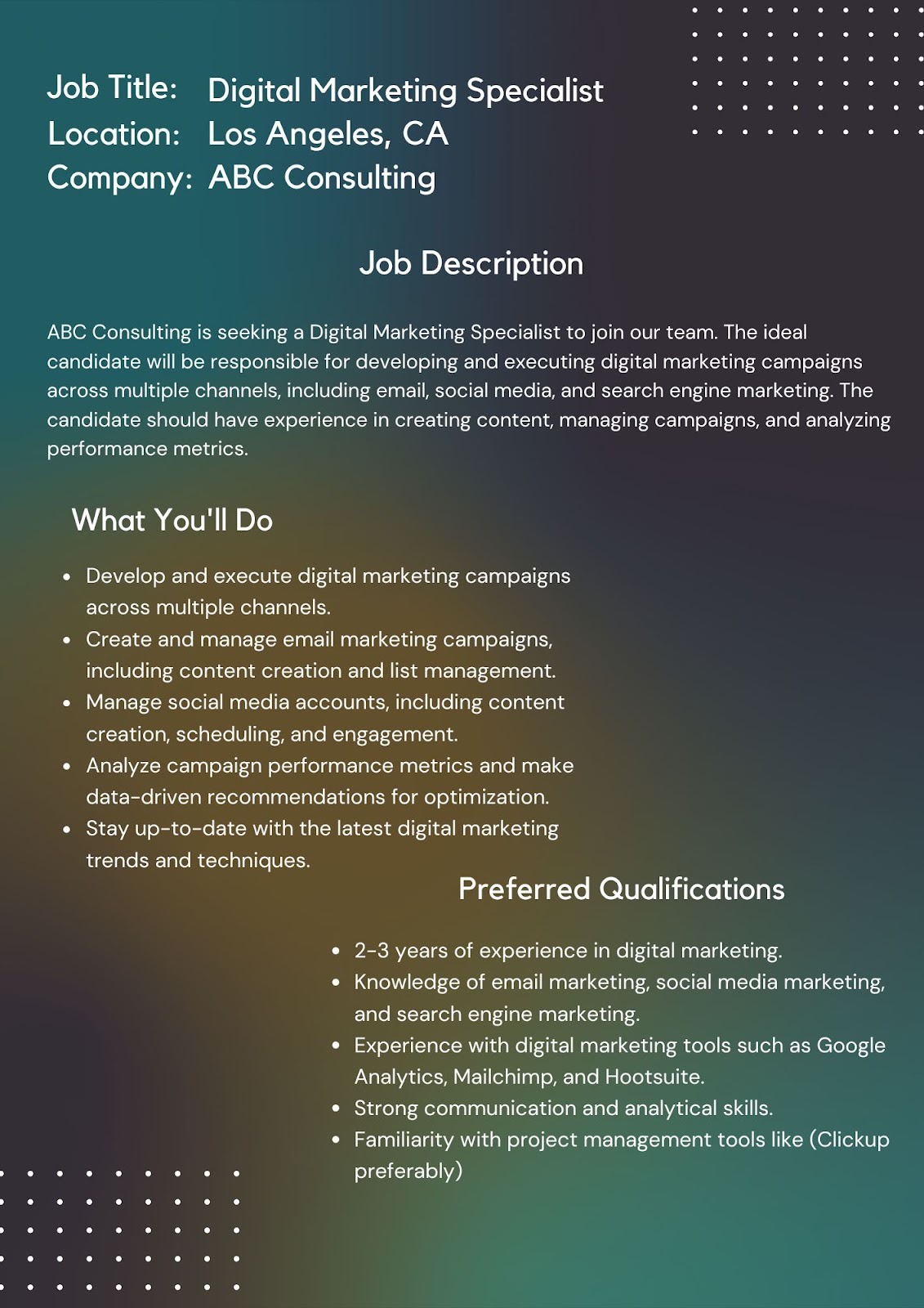 digital marketer job description example