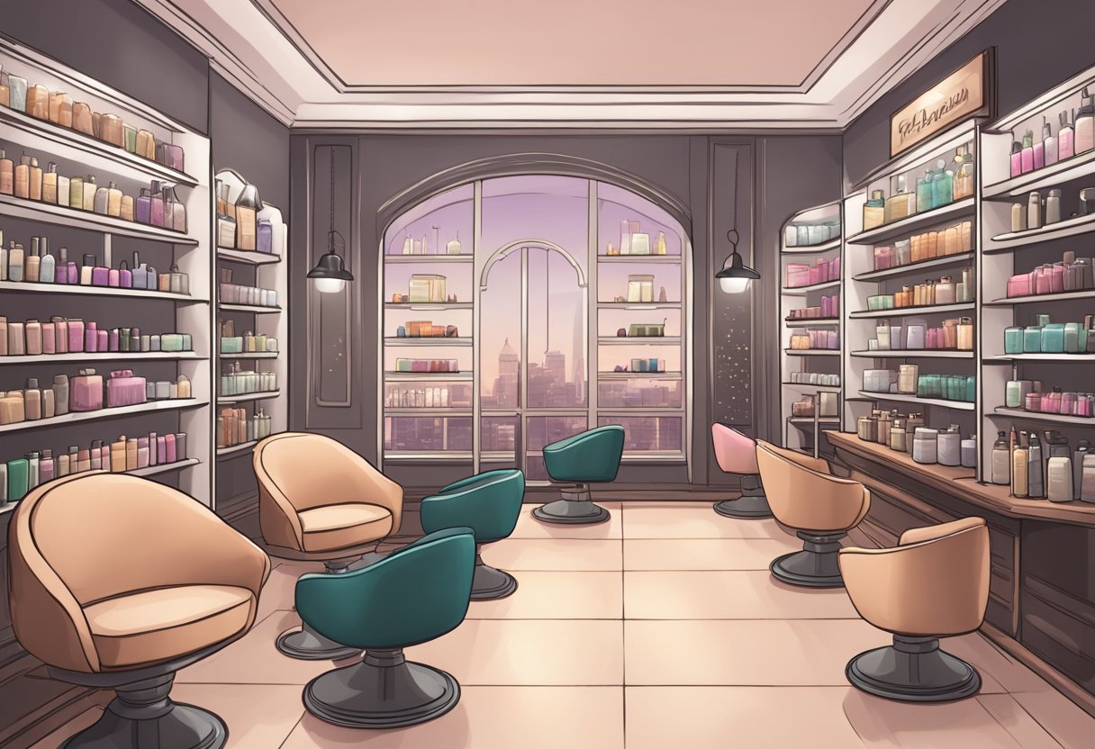 A cozy salon room with plush chairs, soft lighting, and shelves filled with various lash products. A service menu and price list displayed on the counter