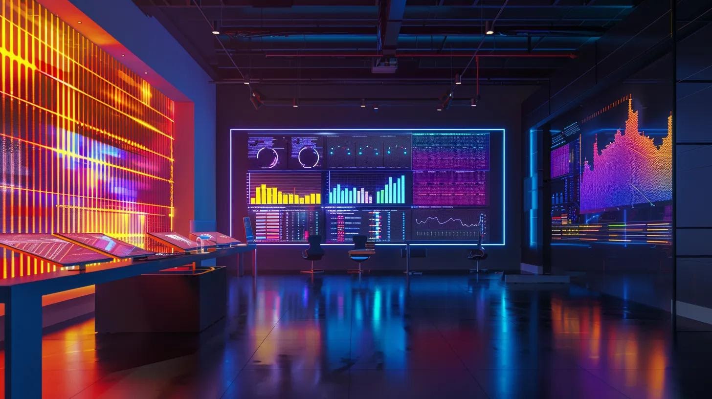 a modern office workspace features a sleek desktop with dual monitors displaying colorful graphs and keyword analytics, illuminated by soft artificial lighting that emphasizes the importance of keyword integration in digital content creation.
