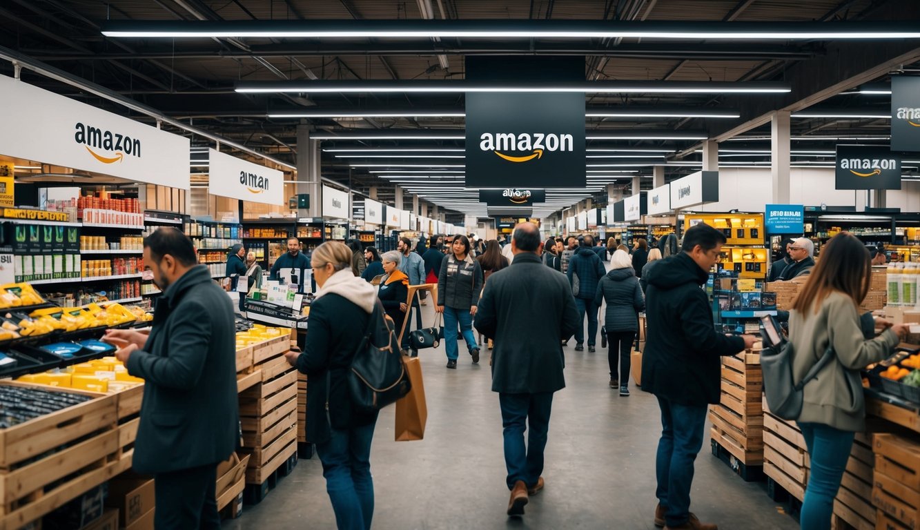 A busy marketplace with various products displayed, customers browsing, and Amazon logos prominently featured